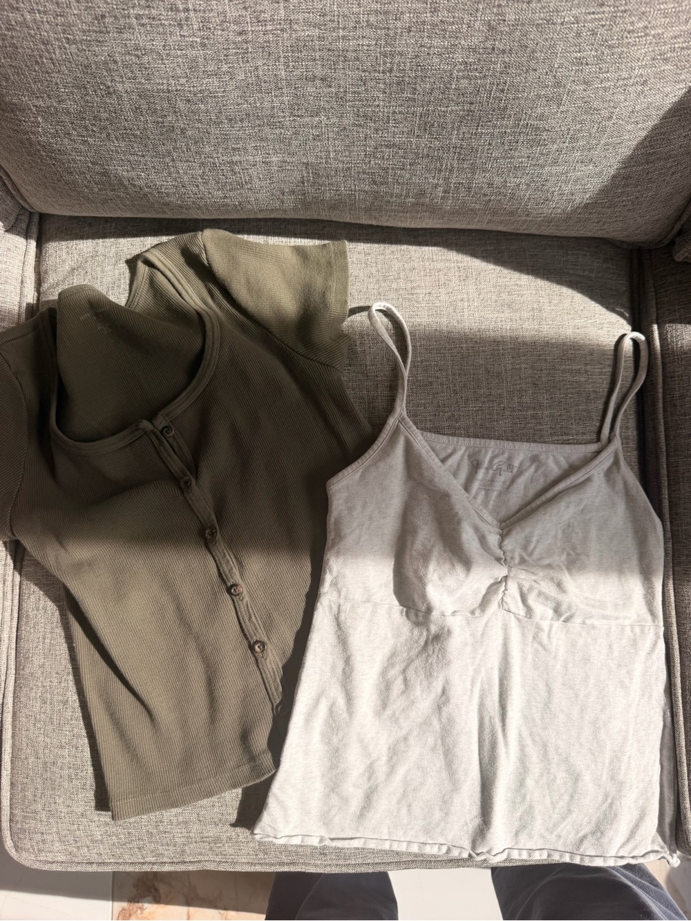 Brandy Melville Olive Ribbed Button-Up Top & Light Gray Camisole Duo